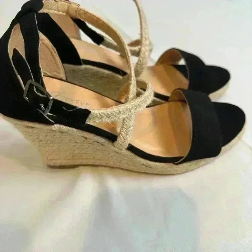 Women's Black Open Toe Espadrilles Dressy Platform Sandals Ankle Strap Size 8
